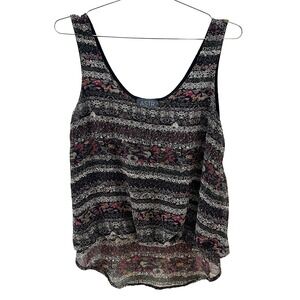 ASTR Boho Stripe Pattern Sheer Tank • Medium •‎ black, white, maroon